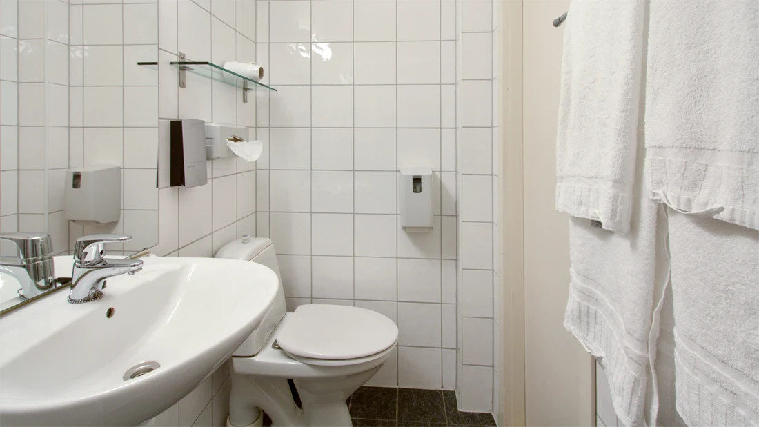 Bad med toalett, håndkler på stativ, vask og speil på Standard room queen på Thon Hotel Horten