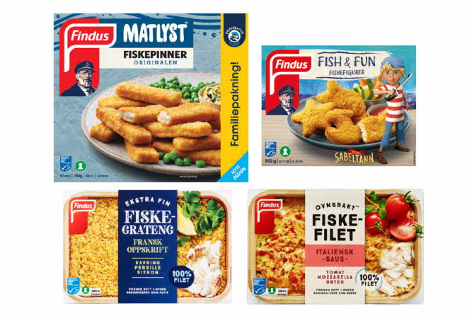 Fire forskjellige Findus produkter med fisk