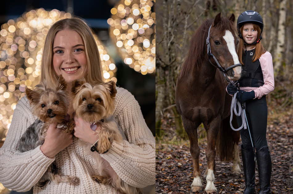 dame holder to små hunder, jente holder hest