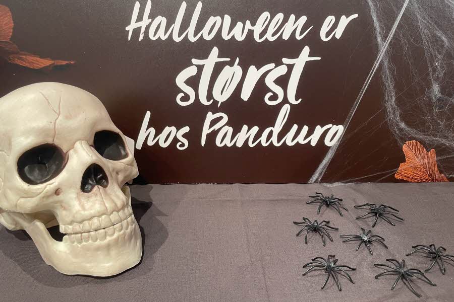 Bilde av en hodeskalle og edderkopper med teksten "Halloween er størst hos Panduro"