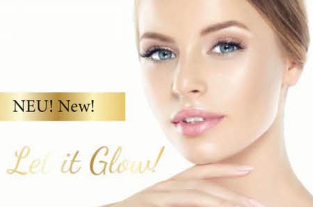 En elegant sminket kvinne med glød i huden og tekst "Neu, New! Let it glow!"