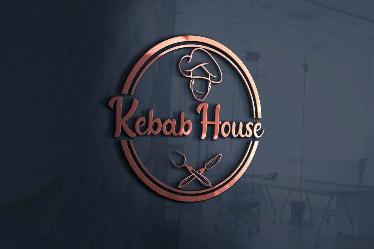 Rustrød logo av "Kebab House" med mørkeblå bakgrunn