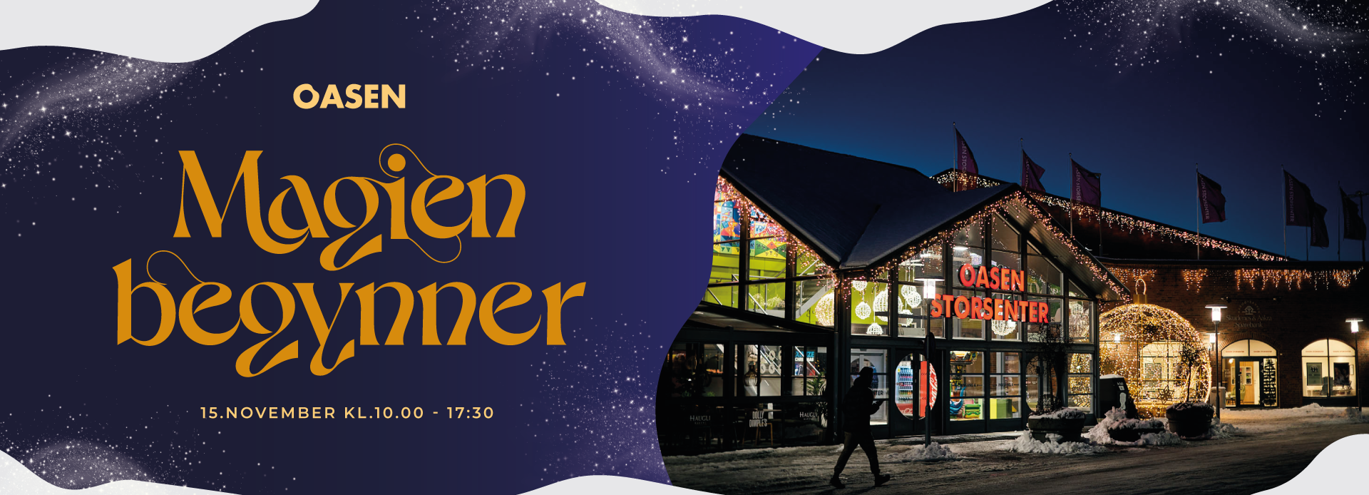 Grafisk bilde som viser hovedinngang av Oasen med tekst "Magien begynner"