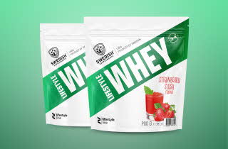 To pakker med Lifestyle Whey proteinpulver med jordbærsmak.