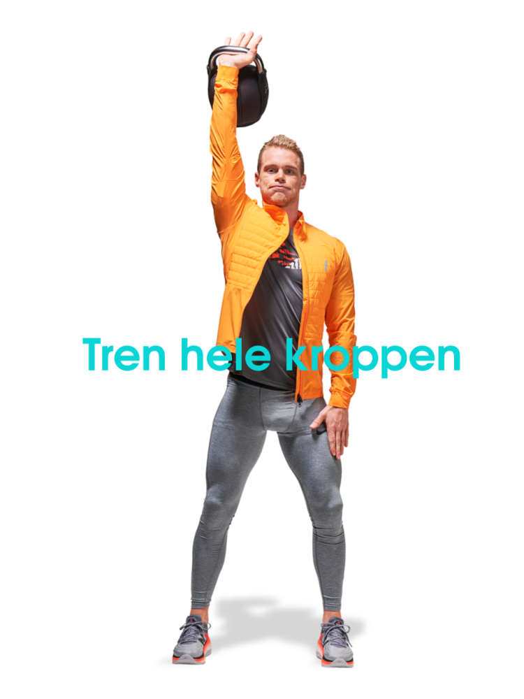 Mann holder en kettlebell over hodet. Tekst: Tren hele kroppen