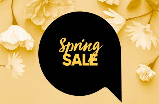 En sort snakkeboble med ordene "Spring sale" inne i, mot en gul bakgrunn med gule blomster
