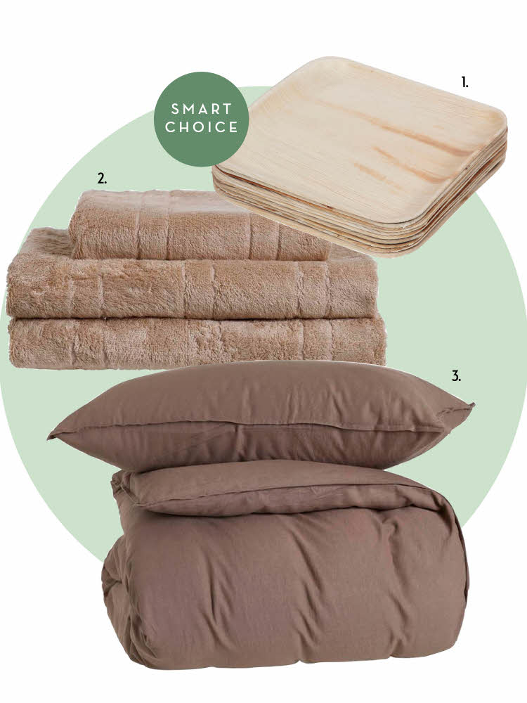 collage som viser brunt sengesett, beige håndklær og tretallerkener