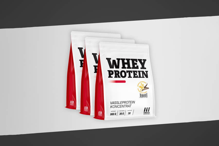 tre poser med Whey protein