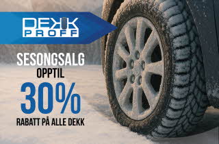 Et bildekk i snølandskap med tekst "opptil 30% på alle dekk"