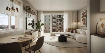 Illustrasjon av stue ut mot en balkong hos boligprosjektet Skårerløkka PREMIUM i Lørenskog.