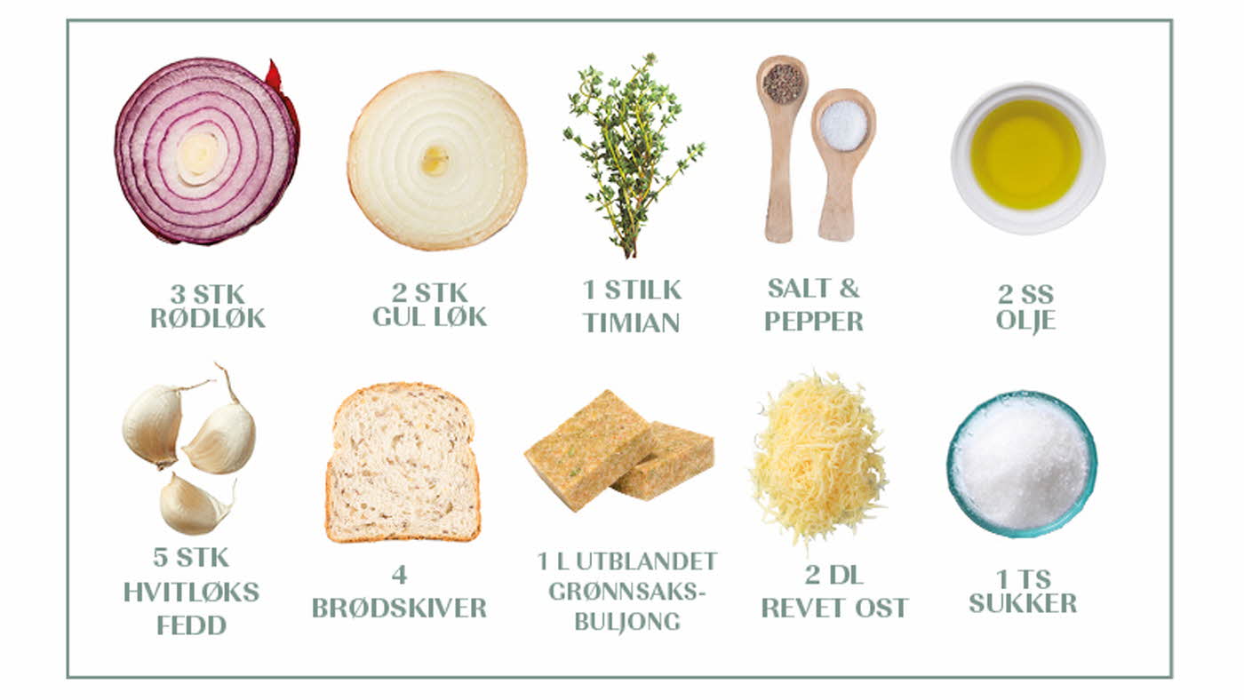 Oversikt over ingredienser til løksuppe