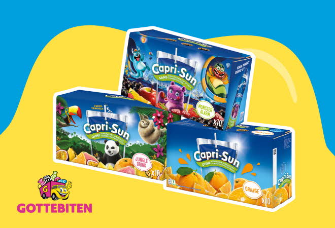Tre esker med Capri-Sun i forskjellige smaker.