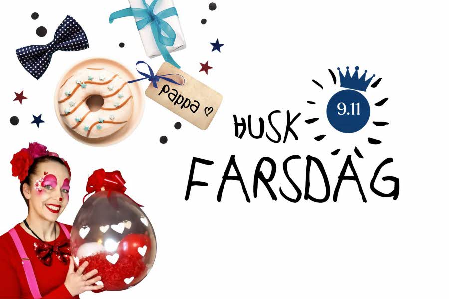 Plakat med farsdags opplysninger og en klovn som holder en ballong