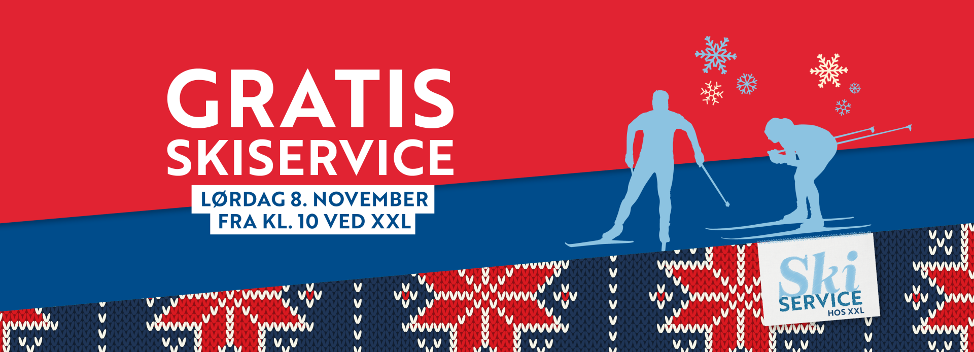 Rød og blå bakgrunn med Mariusmønster og illstrasjon av skigåere med tekst "GRATIS Skiservice lørdag 8. nov kl. 10 ved XXL"