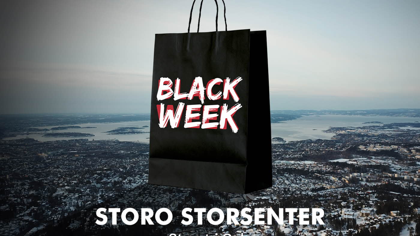 Bilde over Oslo med en stor svar papirpose på toppen og logoen til "Black Week" og "Storo Storsenter"