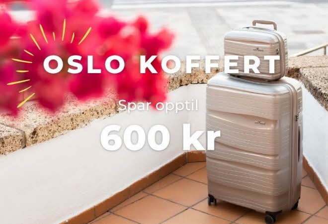 Beige kofferter står på brune fliser og hvit mur bakgrunn og med rosa blomst i hjørnet på bildet