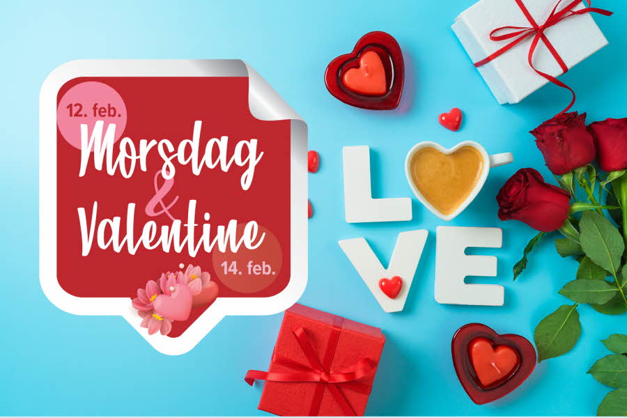 Morsdag 12. februar, Valentine 14. februar, dekorasjoner med blomster, gaver og ordet Love