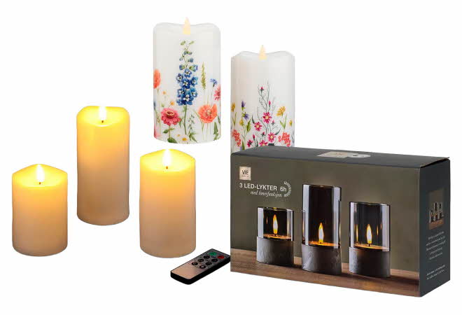 Fem LED-lys og en eske med tre LED-lanterner, samt en fjernkontroll.