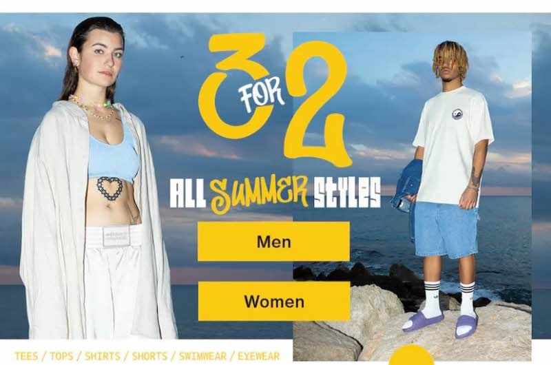 En mann og en kvinne iført klær fra Junkyard med tekst "3 for 2 all summer styles"