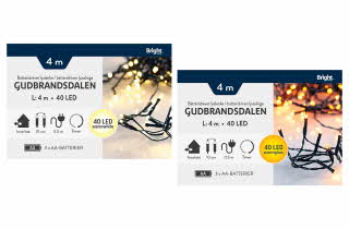 To pakker med Gudbrandsdalen batteridrevne lyslenker med 40 LED-pærer i varm hvit og varm glød.