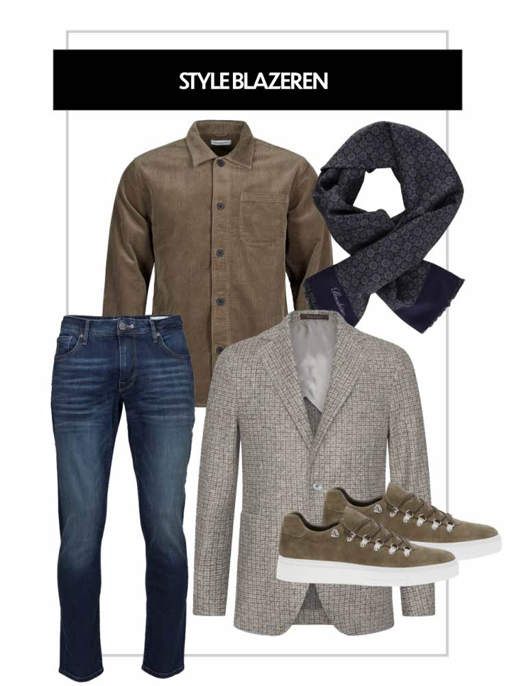 Style blazeren. Jeans, skjorte, skjerf, blazer og sko.