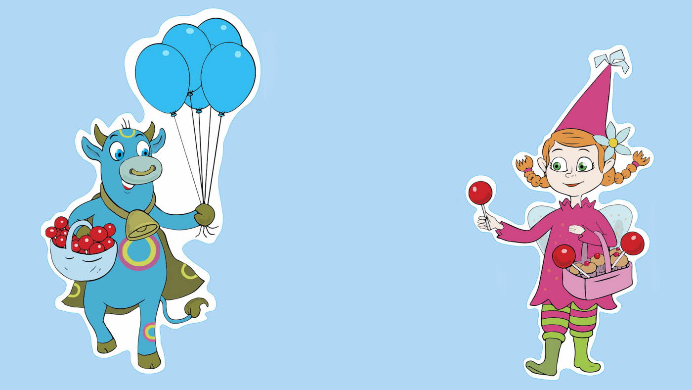 Illustrasjoner av en ku med ballonger og en jente i rosa drakt.