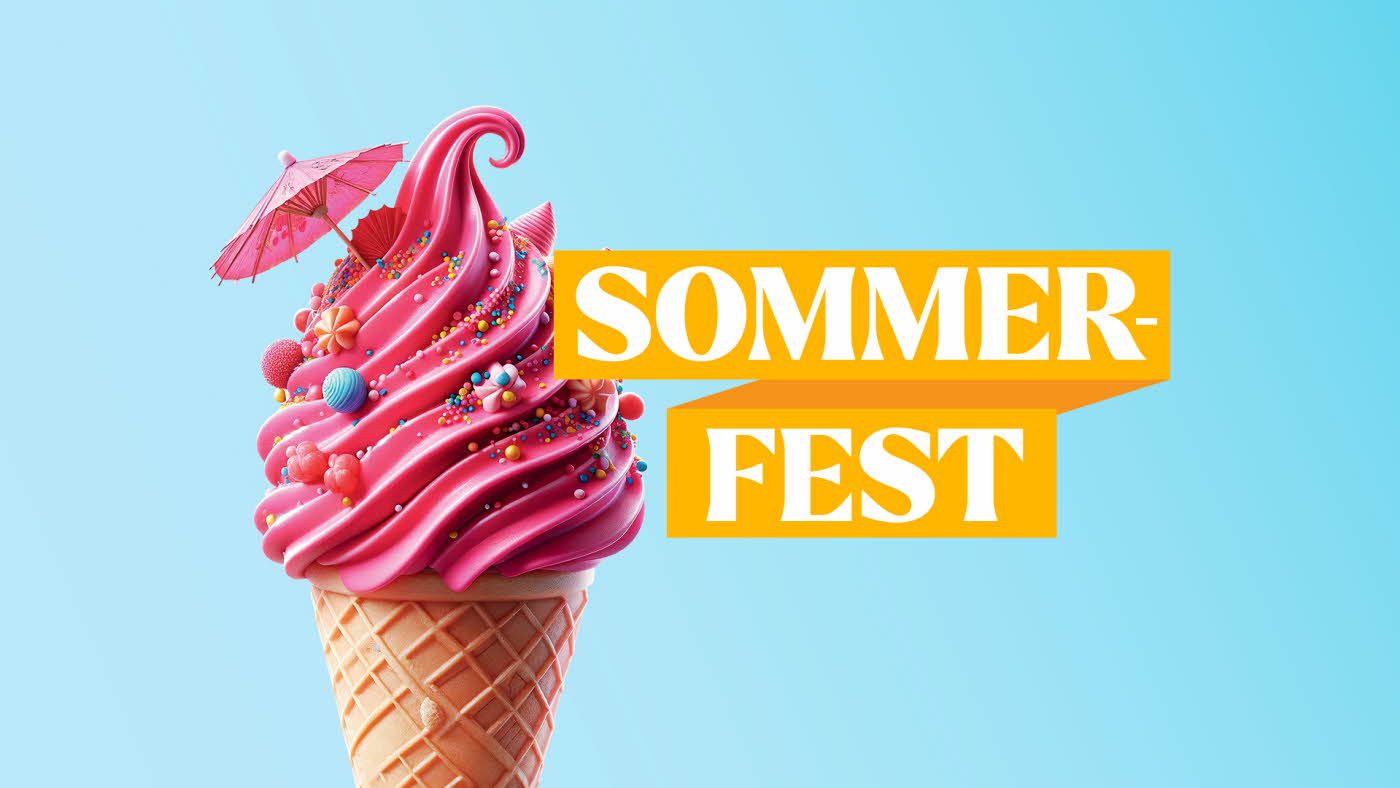 Grafisk bilde med iskrem i kjeks og teksten "Sommerfest"