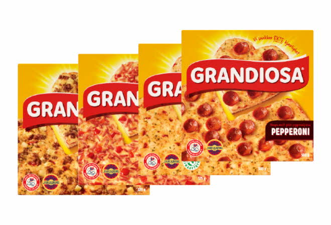 Fire varianter av fryst pizza fra Grandiosa.