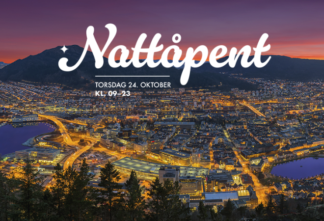 Bilde av Bergen med tekst nattåpent 24.oktober