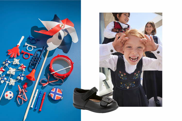 17. mai-leker til barna, svarte barnesko, jente smiler med festdrakt på