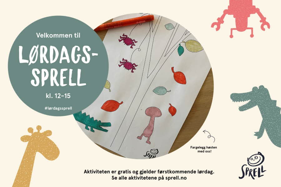 Grafisk bilde med figurer og en boble med fargeleggingsark og teksten "lørdagssprell"