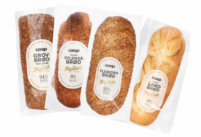 Fire typer Coop-brød i plastposer.
