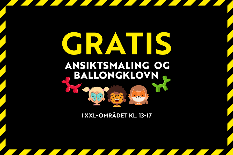 Sort bakgrunn med ballongdyr og ansiktsmalefigurer og tekst "gratis ansiktsmaling og ballongklovn"