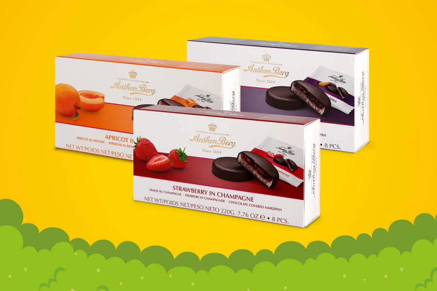 Et utvalg av Anthon Berg Fruit in Marzipan i ulike smaker