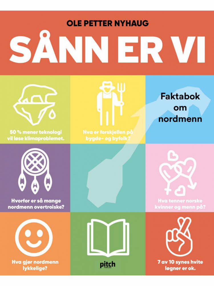Forsiden på boken Sånn er vi av Ole Petter Nyhaug, med 9 fargerike bokser