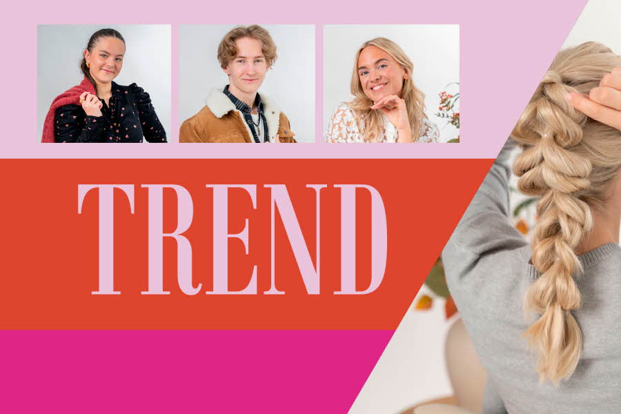Kollasj med tre personer og ei som fikse frisyre og logo til "Trend"