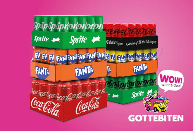 Seks brett med Coca Cola, Coca Cola Zero, Fanta og Sprite