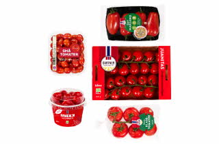 Fem forskjellige pakker med tomater.