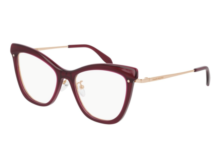 Briller med burgunder kant fra Alexander McQueen, produktbilde.