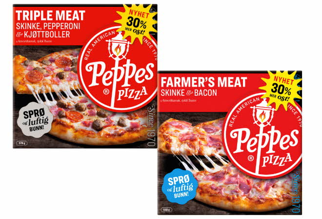 To pizzaesker fra Peppes Pizza med variantene Triple Meat og Farmer’s Meat.
