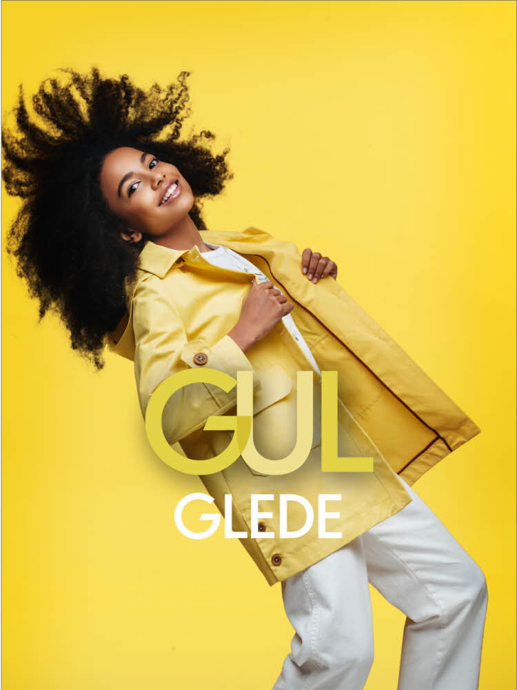 Gul bakgrunn, dame med gul jakke og hvit bukse. Tekst: Gul Glede