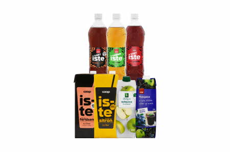 Flasker og kartonger med Coop Iste og juice