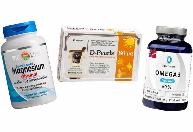 Tre kosttilskudd: magnesium, vitamin D3 og omega-3 kapsler.