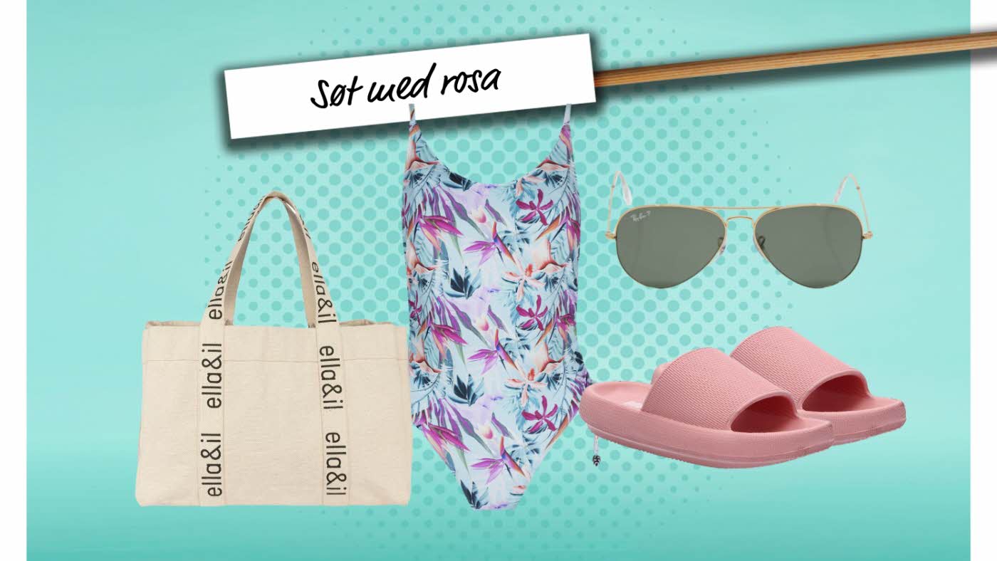Turkis bakgrunn med skilt "Søt med rosa", strandveske, badedrakt, solbriller og slippers