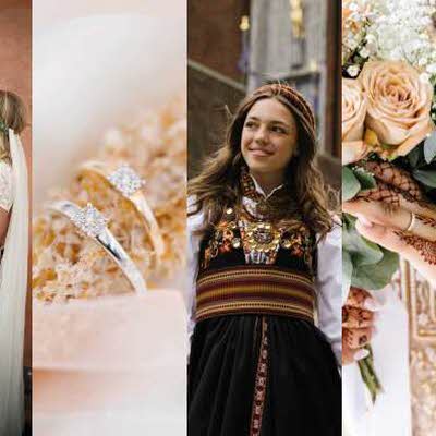 Fem bilder: Noen som holder et nyfødt barn, et par som gifter seg, to forlovelsesringer, en jente i bunad og to hender med hennatatoveringer som holder en blomsterbukett.