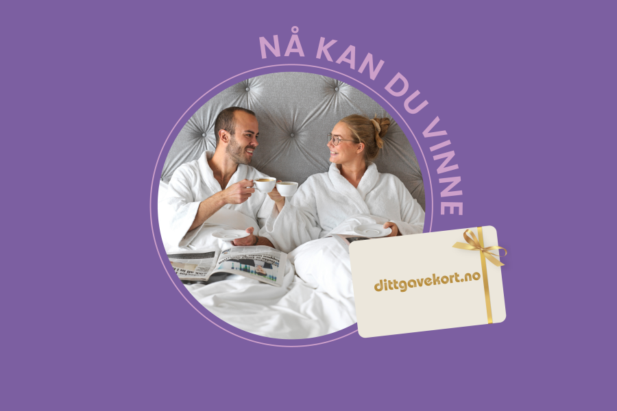 Grafisk bilde med bilde av to som sitter i en hotelseng og skåler med kaffekopper og teksten "Nå kan du vinne dittgavekort"