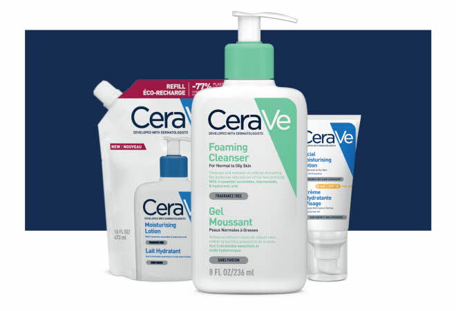 Tre CeraVe hudpleieprodukter.