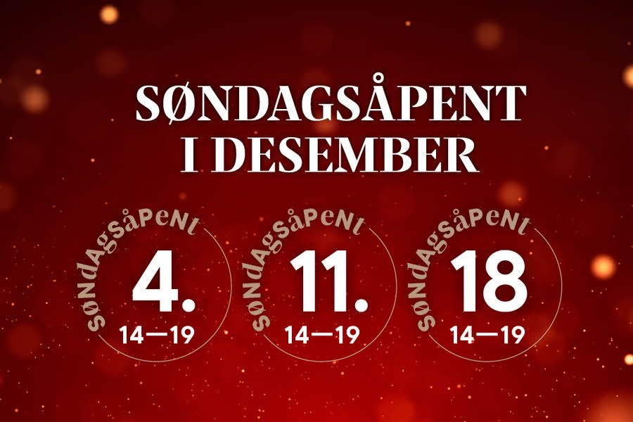 Rød bakgrunn med teksten: Søndagsåpent i desember 4. 11. og 18. kl. 14 - 19