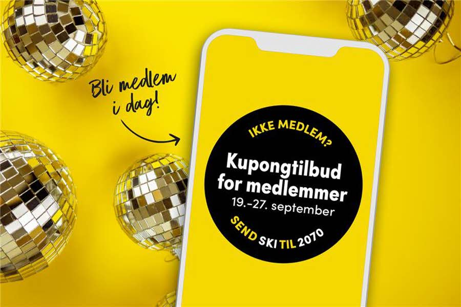 Aktivitetsbilde med diskokuler og mobil. Tekst "Kupongtilbud for medlemmer"
