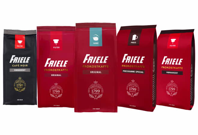 5 varianter av Friele kaffe.